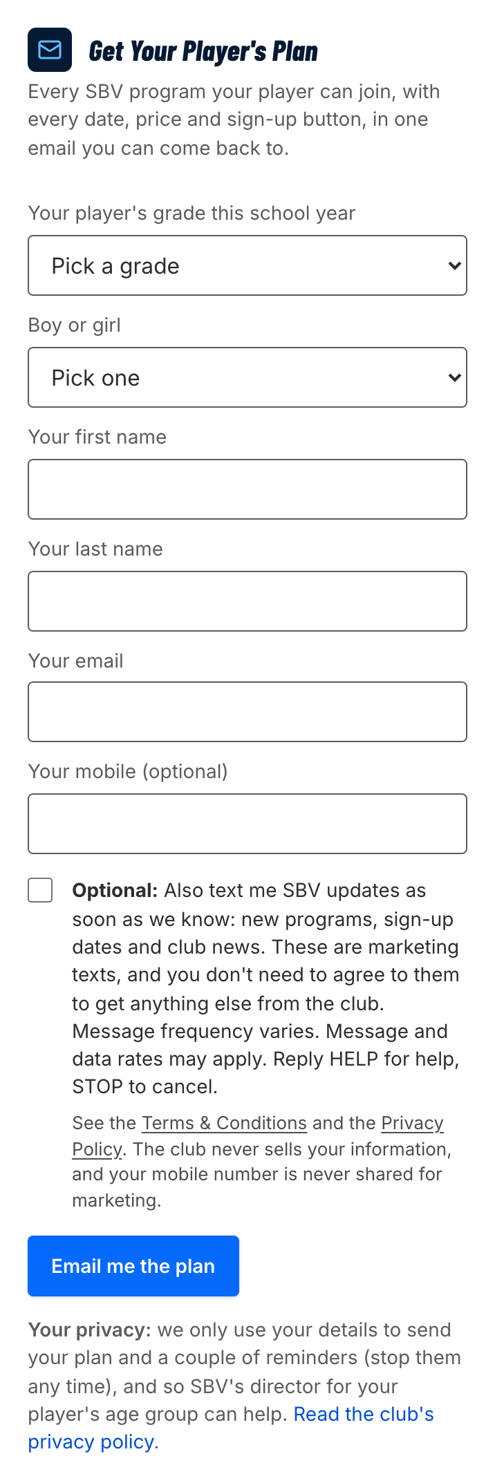A plan box on the club's age group page: grade, boy or girl, name, email and mobile, the unticked SBV updates box with its words, the Terms & Conditions and Privacy Policy links, and Email me the plan