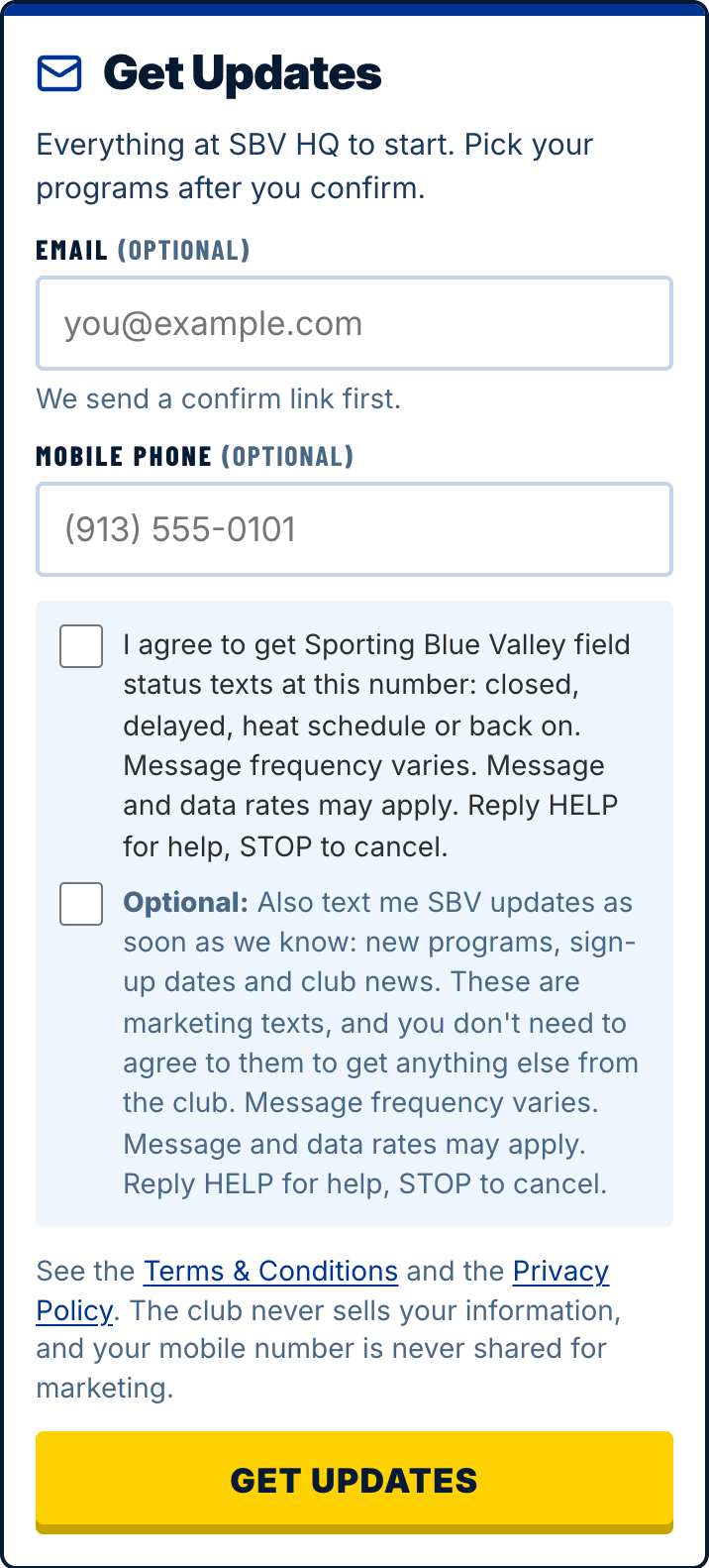 sbvweather.com's Get Updates box: the email and mobile number, the two unticked boxes with their words, the Terms & Conditions and Privacy Policy links, and Get updates